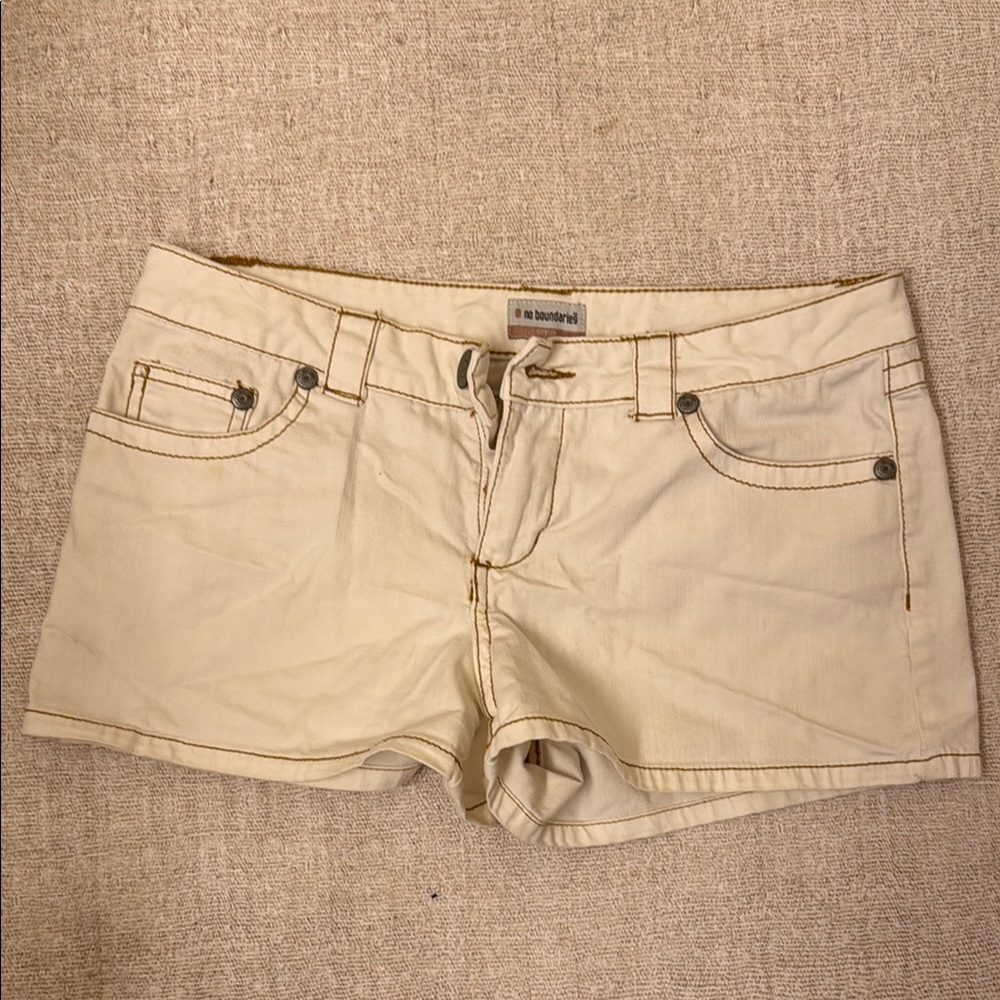No Boundaries Tan Jean Shorts with Contrast Stitching